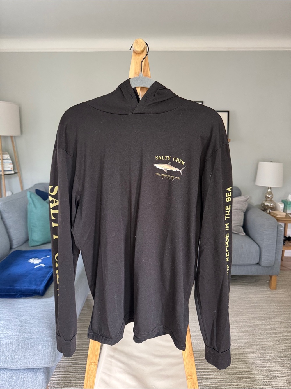 Salty Crew Black Long-Sleeve Hooded Tee with Yellow Logo